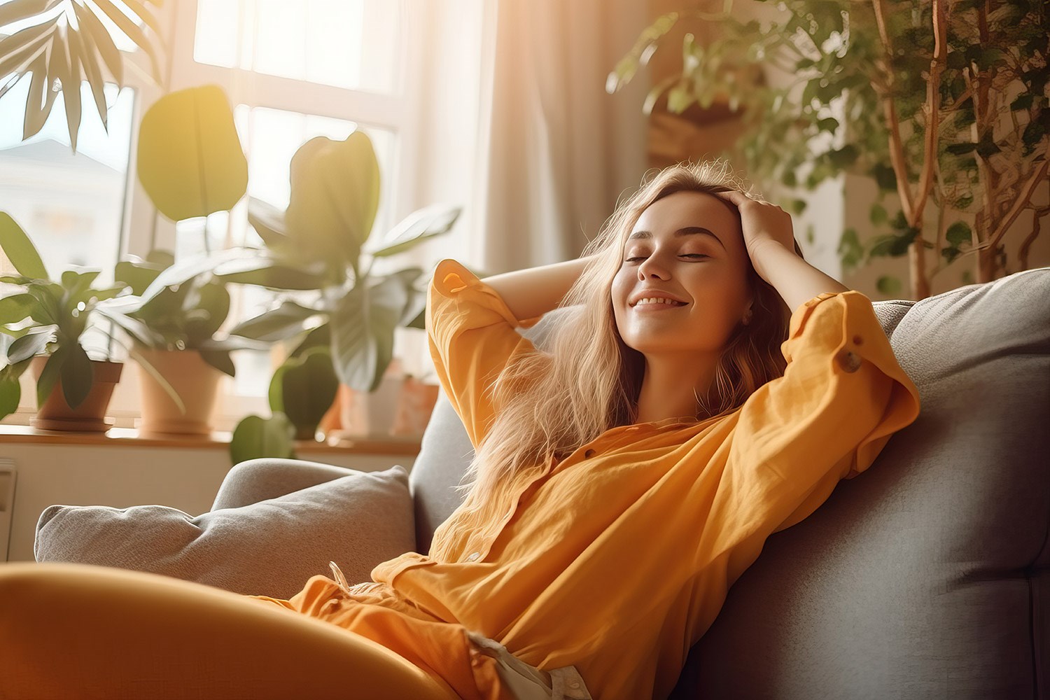 En glad kvinna som är klädd i en orange dress sittande i en fotölj.